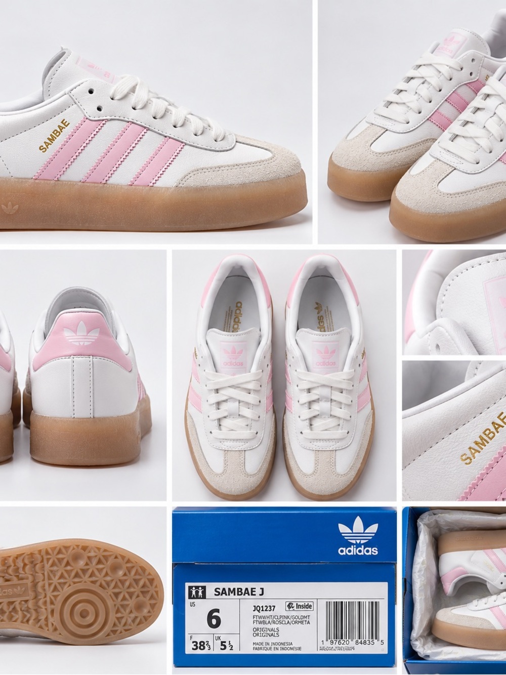 adidas Samba J Women's White & Light Pink Leather Sneakers with Gum Sole
